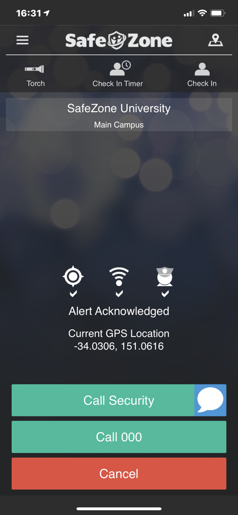 SafeZone - SafeZone app interface displaying an acknowledged alert and emergency contact options.