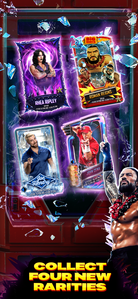 WWE SuperCard - Wrestling Game - Vidéo de gameplay de WWE SuperCard présentant des cartes à collectionner de Rhea Ripley, Roman Reigns, John Cena et Joe Hendry, représentant de nouvelles raretés.
