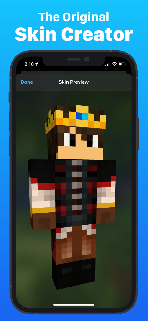 3D-Vorschau eines benutzerdefinierten Minecraft-Charakters mit einer Krone auf einem mobilen Bildschirm