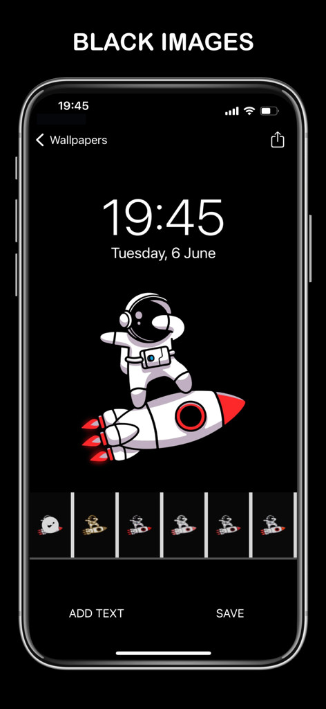 Black Wallpaper Dark Sad 4K - iPhone screen preview showing a black amoled wallpaper with a cartoon astronaut on a rocket ship