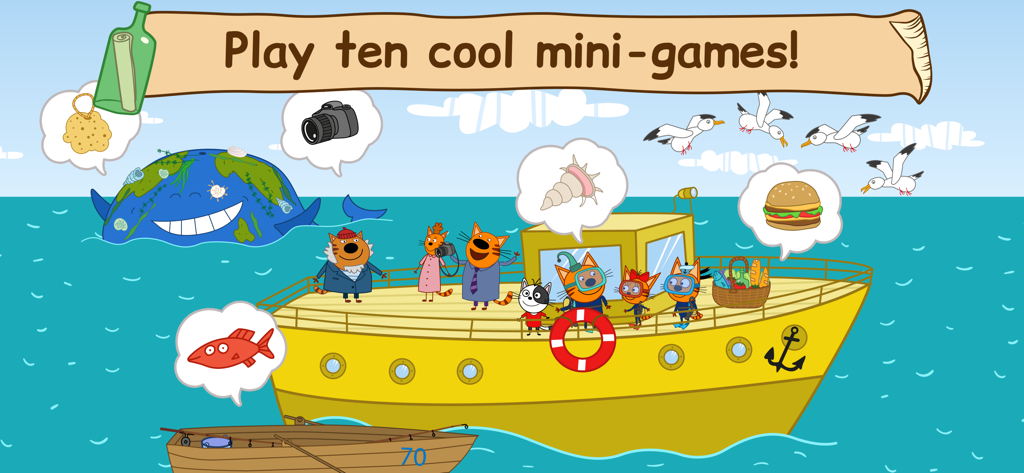 Kid-E-Cats-Charaktere auf einem gelben Boot auf See, die verschiedene Minispiele zeigen