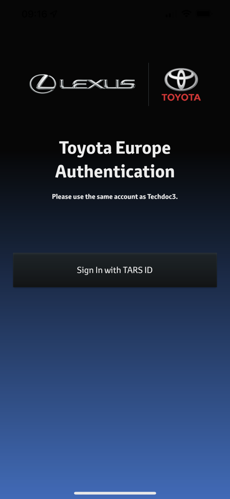 Toyota Lexus QRcode Map Update - Toyota Europe Authentication login screen with Sign In with TARS ID button