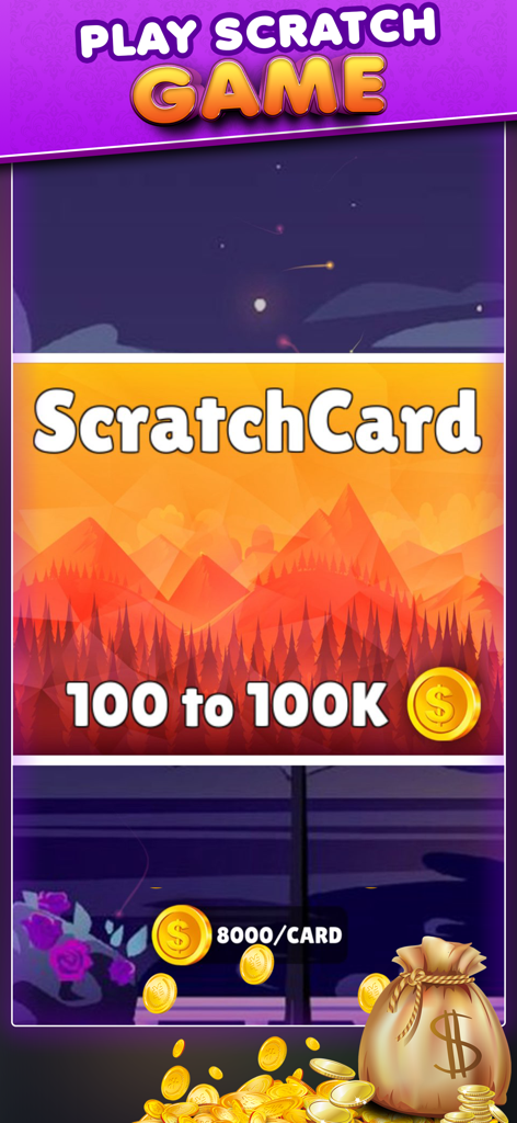 Lucky Scratch: Spin The Wheel - Interface of Lucky Scratch mobile game showing a mountain themed scratch card and gold coins