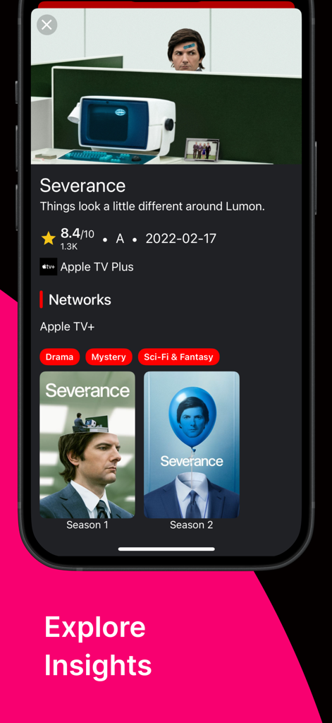 Binge Me - Binge Me app interface displaying detailed information for the TV show Severance including ratings and genres