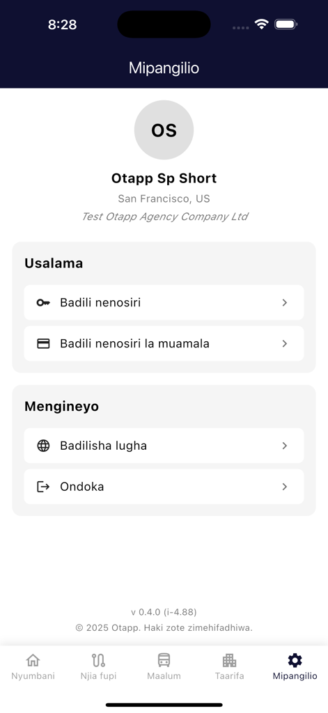 Obus - User profile and settings screen in the Obus bus agent app displaying security and language options.