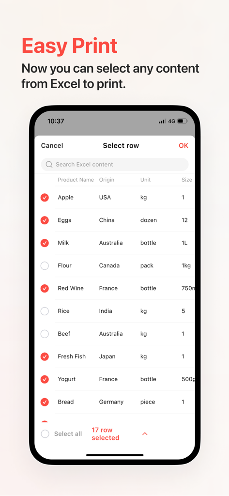 NIIMBOT app interface showing the selection of product data from an Excel spreadsheet for batch label printing