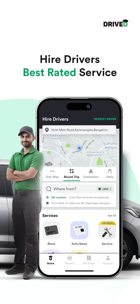 DriveU mobile app interface for hiring professional drivers and car services with a uniformed driver in the background.