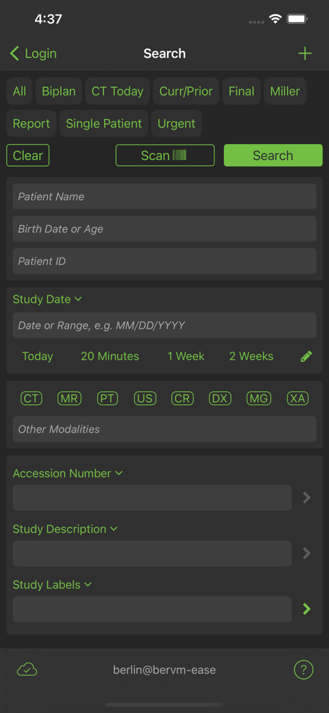 Visage Ease - Visage Ease app search screen for filtering patient medical imaging studies by name date and modality