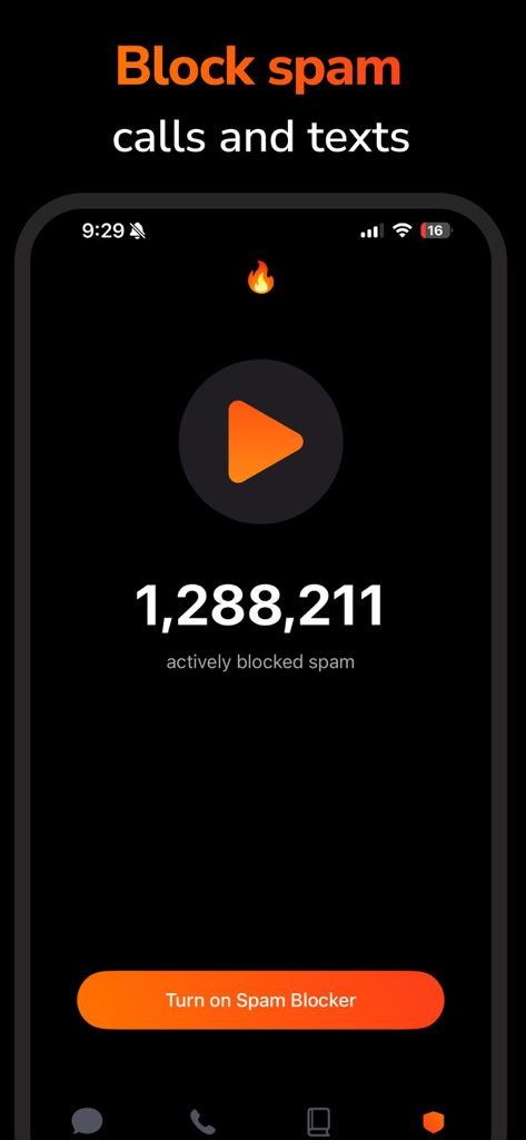 Ghost - Second Phone Number - Screenshot of the Ghost app interface showing a counter for actively blocked spam calls and texts with a button to activate the blocker.