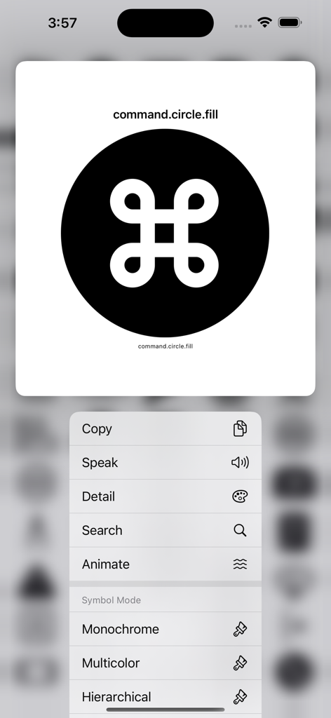 SymbolGrid-Oberfläche zeigt ein großes Befehlskreis-Füllsymbol und eine Liste von Menüaktionen