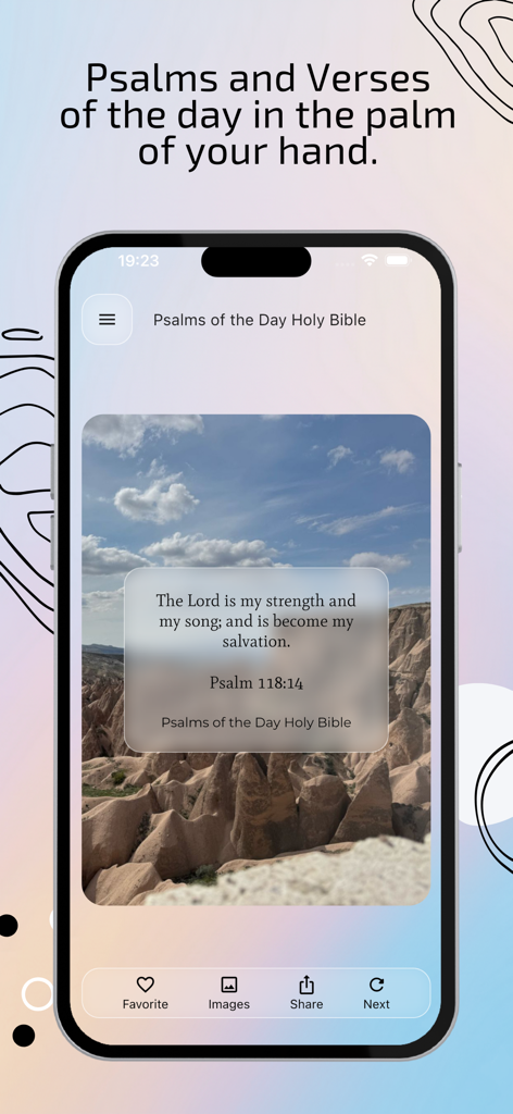 Psalms of the Day Holy Bible - Smartphone screen showing a daily Bible verse from Psalm 118 with a scenic nature background
