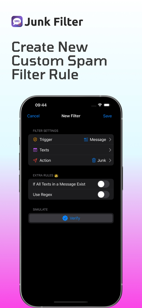 Interfaz para crear una nueva regla de filtro de spam personalizada con opciones para disparadores de mensajes y soporte de regex
