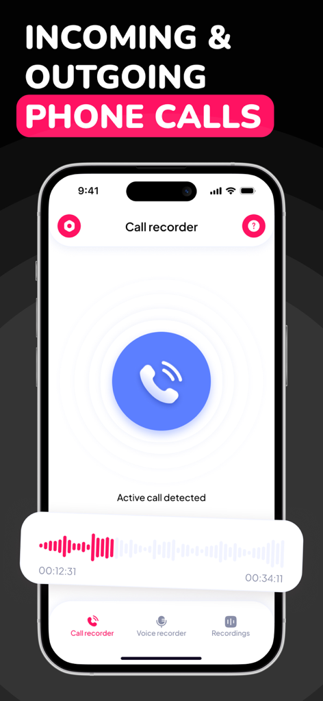 Tela de um smartphone mostrando a interface do aplicativo gravador de chamadas com uma chamada ativa detectada e uma forma de onda de áudio rosa.