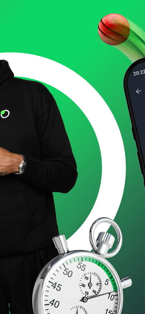 SB LIVE - Sports Scores & News - Werbegrafik für die SB LIVE Sport-App mit einer Stoppuhr und einem Cricketball, um blitzschnelle Live-Ergebnisse hervorzuheben.