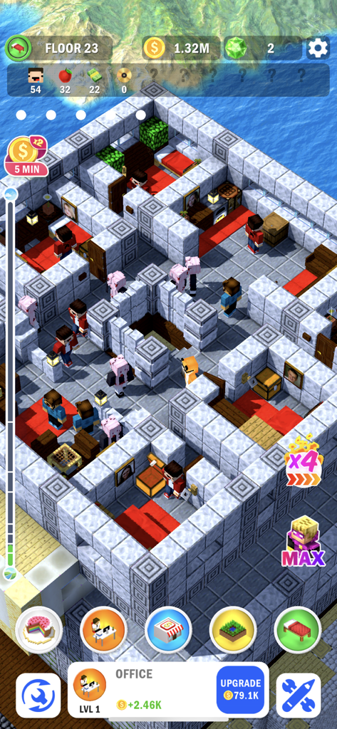 Tower Craft 3D - Idle Building - Vista isométrica del juego de un piso de rascacielos estilo vóxel con personajes y gestión de sala en Tower Craft 3D