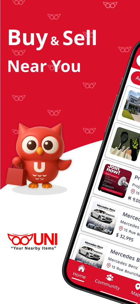 UNI MarketHub - UNI MarketHub app screen showing the marketplace for buying and selling local items with a red owl mascot