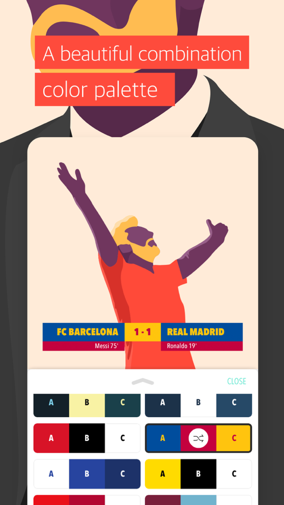 Sports Studio - Interfaz de la aplicación Sports Studio que muestra opciones de paleta de colores para un gráfico de resultado de partido de fútbol