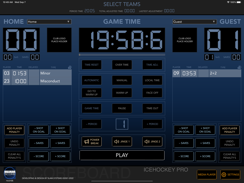 ICE HOCKEY PRO - SCOREBOARD - Digital ice hockey scoreboard for iPad featuring game clock and penalty management