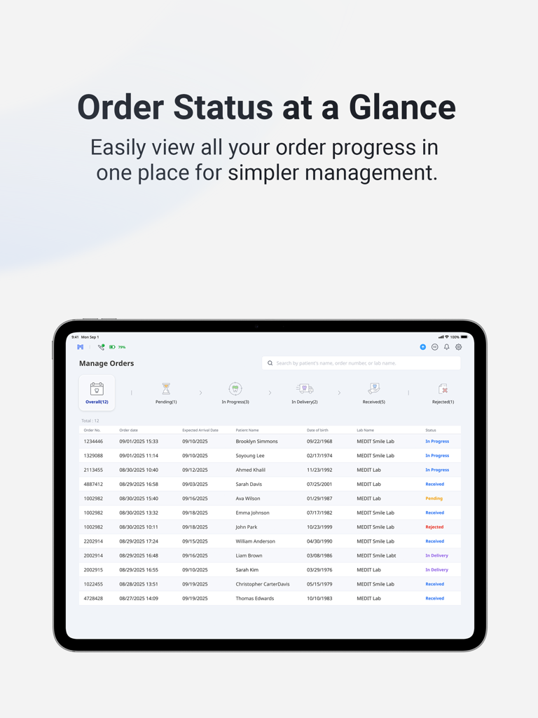 A digital dashboard on an iPad showing dental lab order progress and patient information within the Medit Link Express app