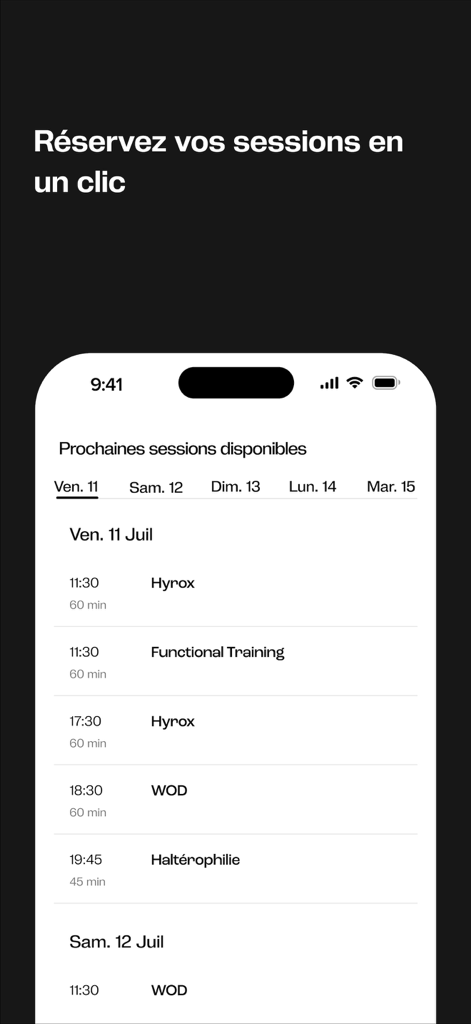 Peppy | Réservez simplement - Interfaz de la aplicación Peppy que muestra un calendario de próximas sesiones de fitness disponibles para reservar