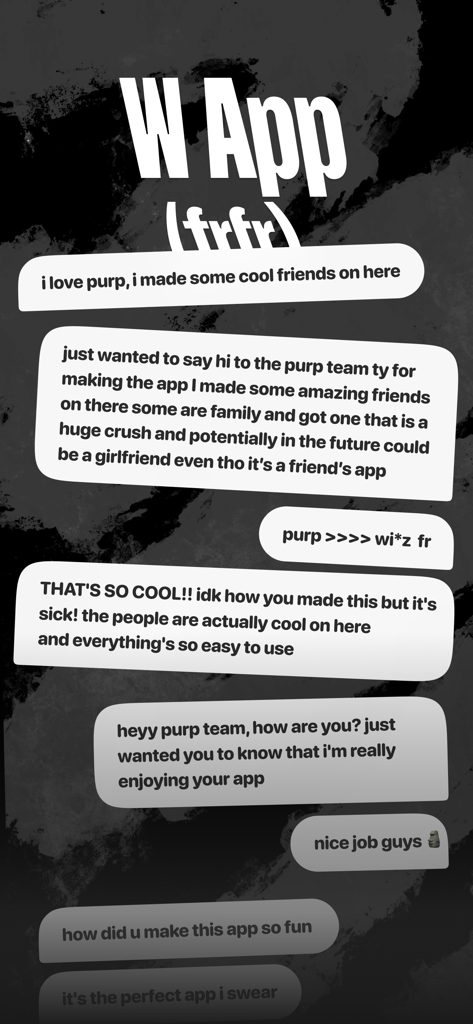 purp - Make new friends - Screenshot di feedback positivi degli utenti e testimonianze per l'app social purp mostrati in bolle di chat