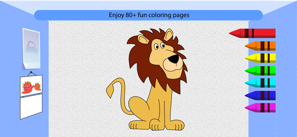A toddler coloring activity featuring a friendly cartoon lion and digital crayons.