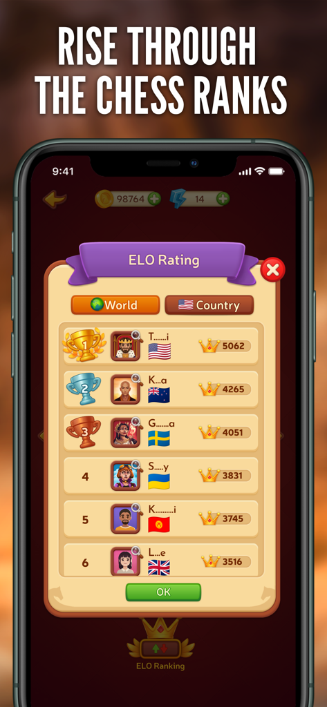 Chess Online - Clash of Kings - Globale ELO-Bewertungs-Rangliste in der Chess Online Clash of Kings Mobile App, die die Top-Spieler aus verschiedenen Ländern zeigt.