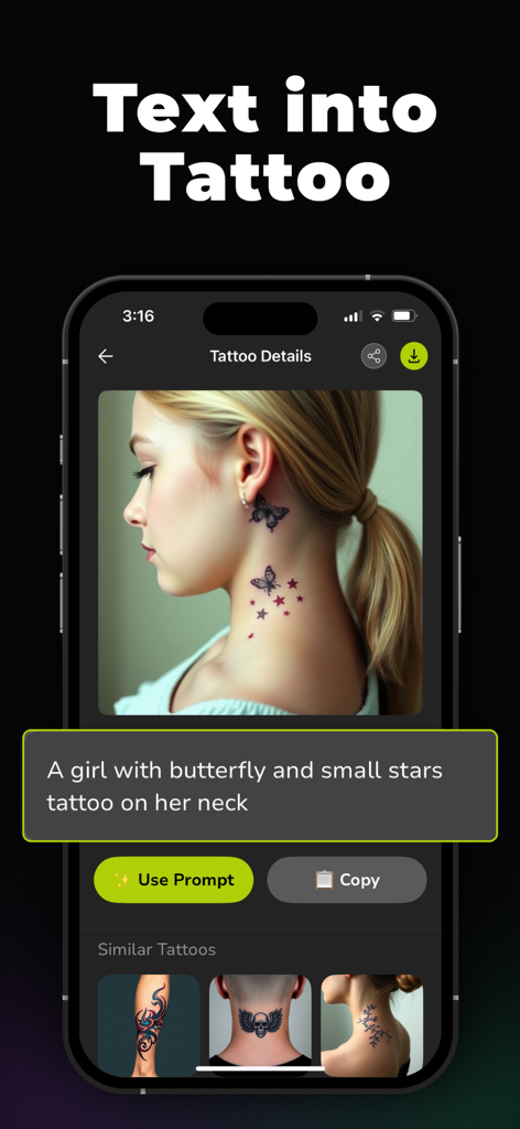 AI Tattoo Generator - TattooAI - AIタトゥーメーカーアプリのインターフェースに、テキストプロンプトから作成された蝶の首のタトゥーが表示されている