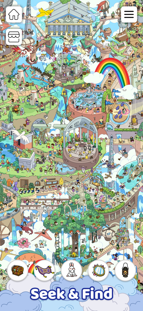 Um mapa detalhado de caça ao tesouro no jogo Objetos Escondidos Encontre apresentando uma academia de magia de fantasia com uma lista de itens escondidos para encontrar.