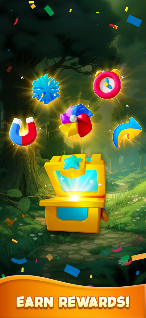 Tile Blossom Forest: Triple 3D - A glowing golden treasure chest with floating game power ups in a lush forest setting