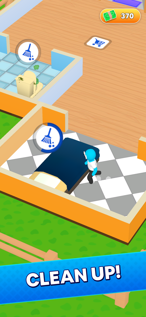 Be My Guest Landlord Sim에서 침실과 욕실을 청소하는 캐릭터.