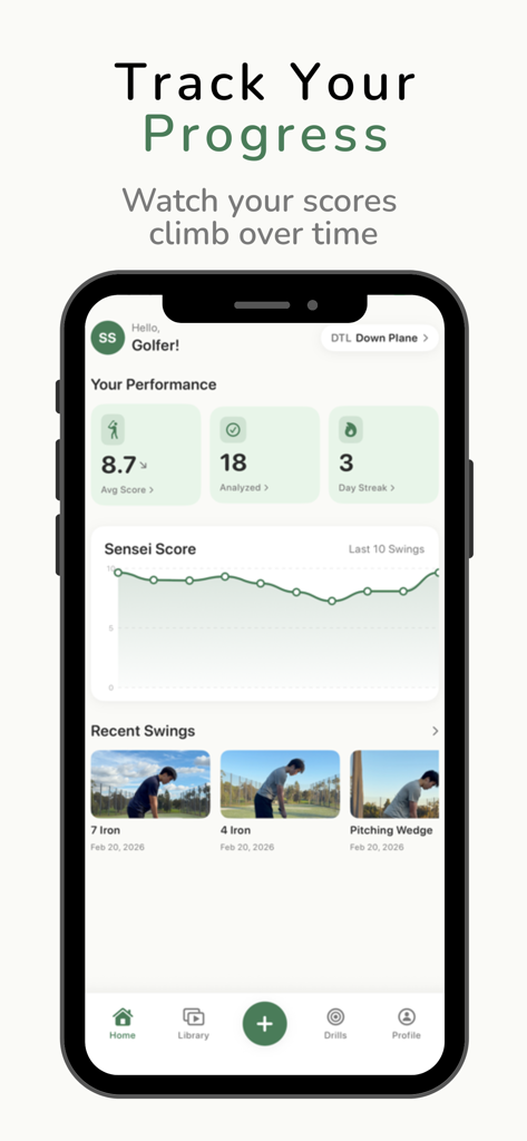 The Swing Sensei - Dashboard of The Swing Sensei app showing golf swing analysis progress and scores over time.