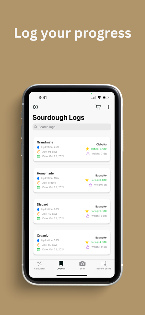 Écran de smartphone montrant les journaux de levain de l'application Loaflo avec des statistiques de cuisson et des notes