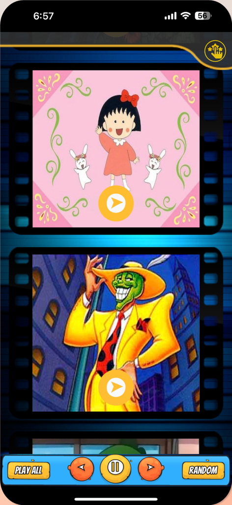 اغاني افلام كرتون بدون نت - Cartoon-er App-Oberfläche mit Videominiaturansichten für klassische Cartoons, einschließlich Maruko und Die Maske.