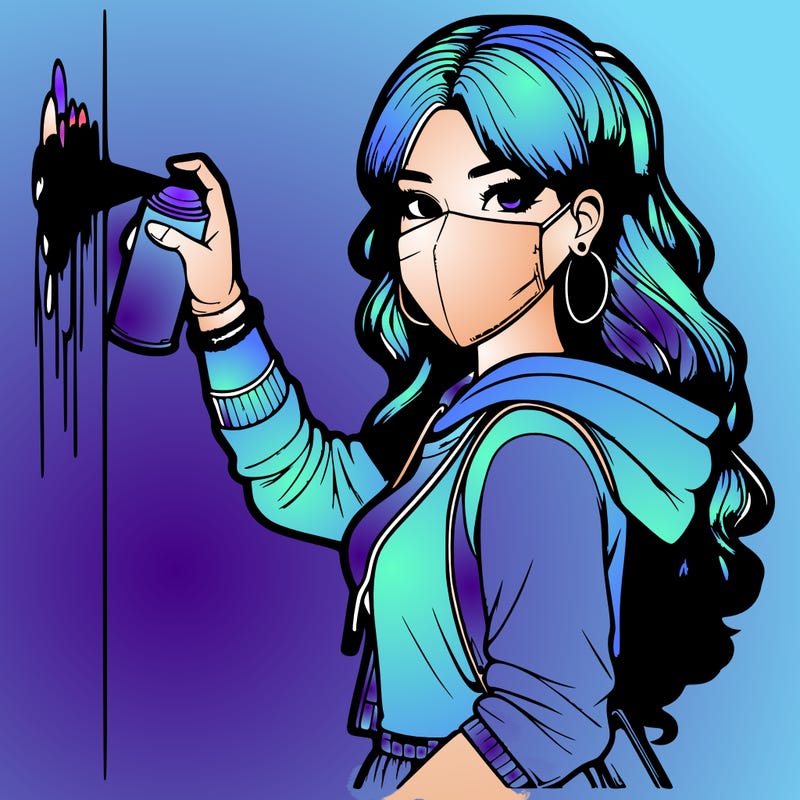 realistic girl with mask spray painting a wall