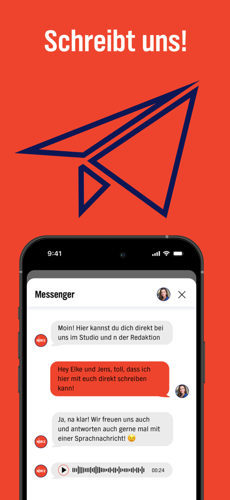 NDR 2 - Interface of the NDR 2 app messenger feature showing a live chat with radio moderators