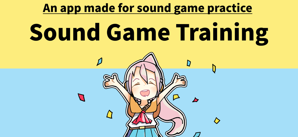 Banner de la aplicación Sound Game Training con un personaje de anime celebrando con auriculares y confeti