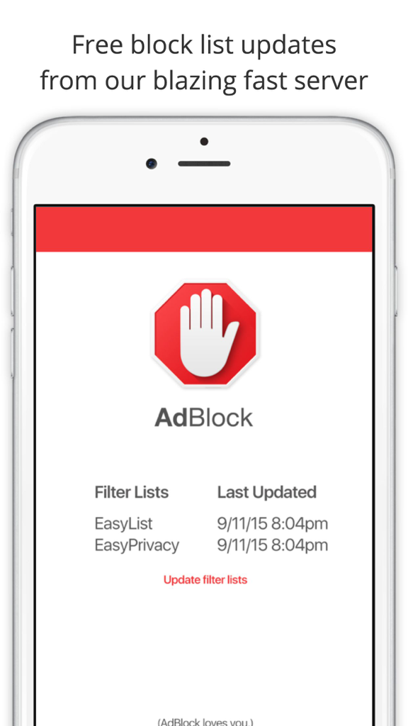 AdBlock for Mobile - AdBlock for Mobile app interface showing filter list update status for EasyList and EasyPrivacy