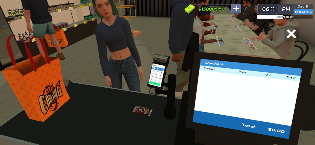 TCG Card Trade Manager - Visão em primeira pessoa de um balcão de checkout em um simulador de loja de jogos de cartas colecionáveis com clientes jogando ao fundo.