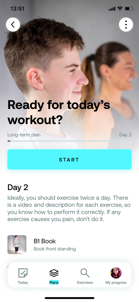 Spiralista - Back & Spine Care - Spiralista app interface showing a daily back care workout plan with a start button and exercise descriptions