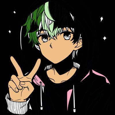 teenage manga boy in a hoodie, doing ✌