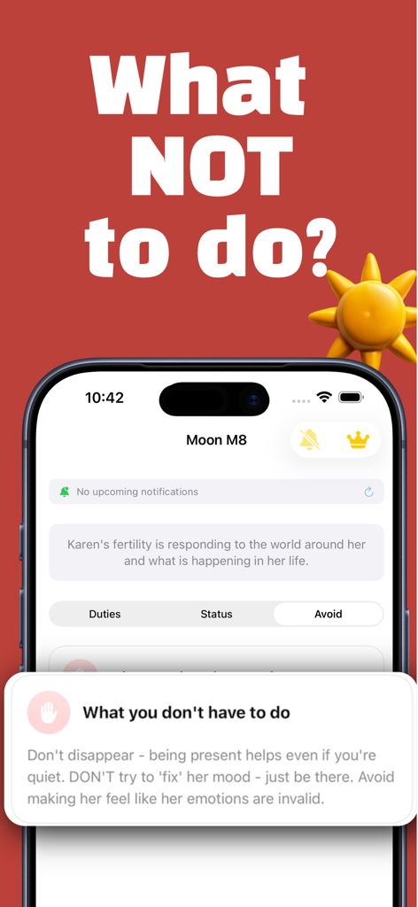 MoonM8 app interface showing a cheat sheet section with advice for men on what not to do to support their partner.