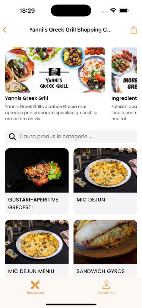 Yanni's Delivery - Yannis Greek Grill app screen showing food categories like appetizers, breakfast, and gyro sandwiches