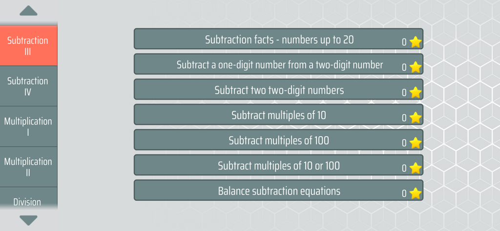 Menu of subtraction lessons in the Math Shot app for elementary students