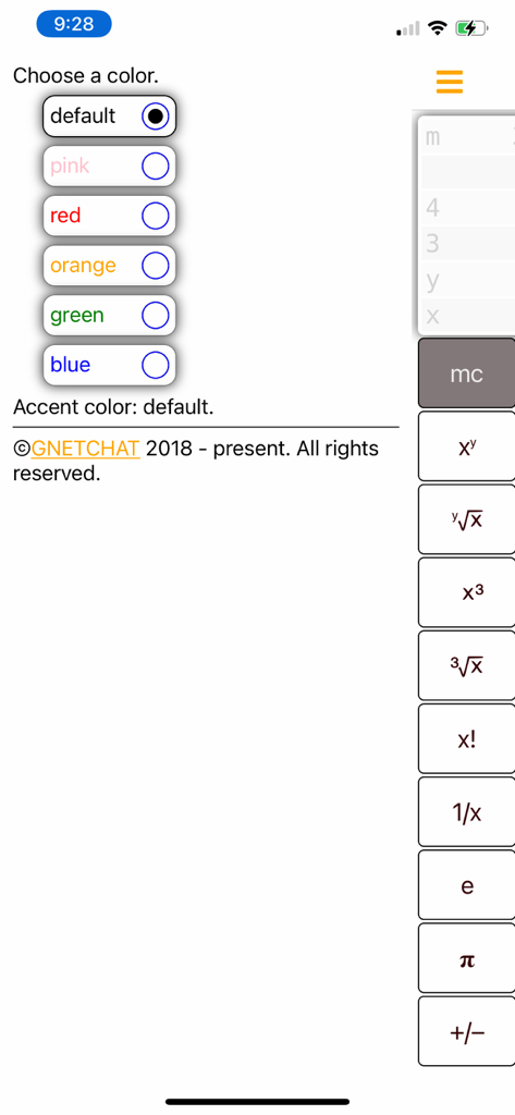 A menu within the My RPN Calculator app showing various color theme options including pink, red, orange, green, and blue.