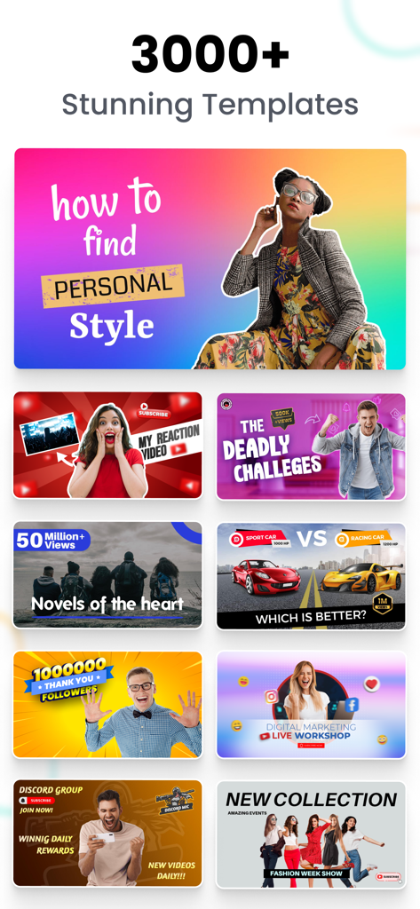 Thumbnail Maker, Banner Maker - A collection of diverse YouTube thumbnail templates including gaming, fashion, and lifestyle categories.