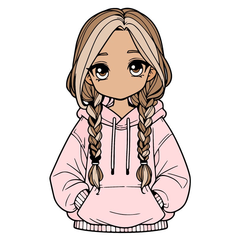 a realistic girl with a oversized hoodie and she has braids