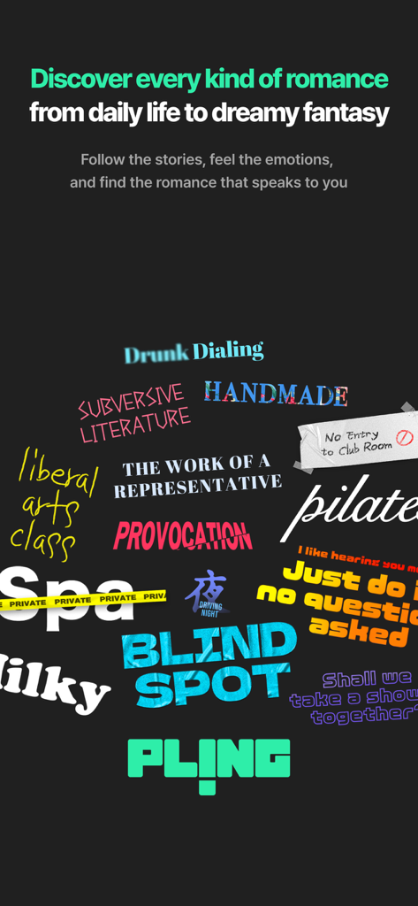 PLING : K-Drama Audio Stories - Un collage que muestra diferentes títulos y géneros de historias románticas disponibles en la aplicación PLING