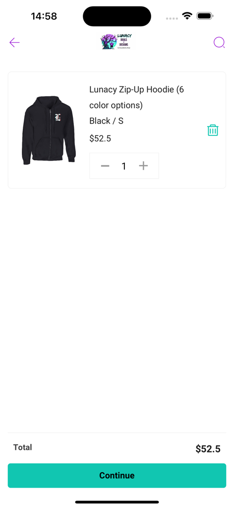 Lunacy Deals & Designs - Interfaz del carrito de compras de la aplicación Lunacy Deals and Designs que muestra una sudadera con capucha negra.