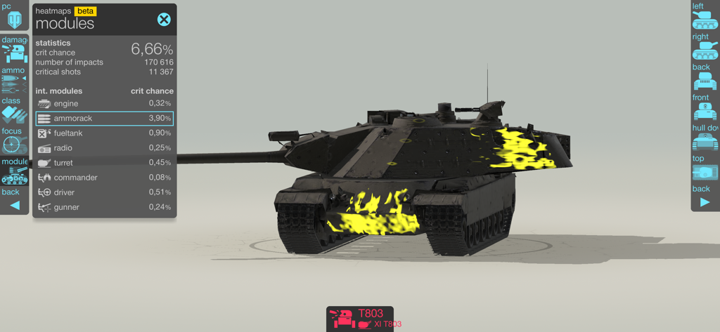 Armor Inspector app showing internal tank modules and critical hit statistics for World of Tanks.